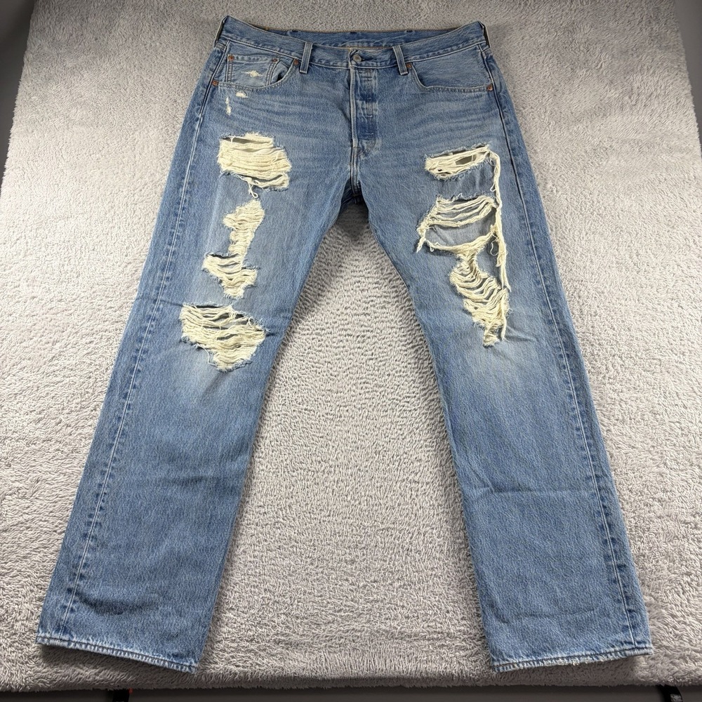 Levi 501 Jeans Mens 38x32 Original Fit Heavy Factory Distress Rips Light Wash